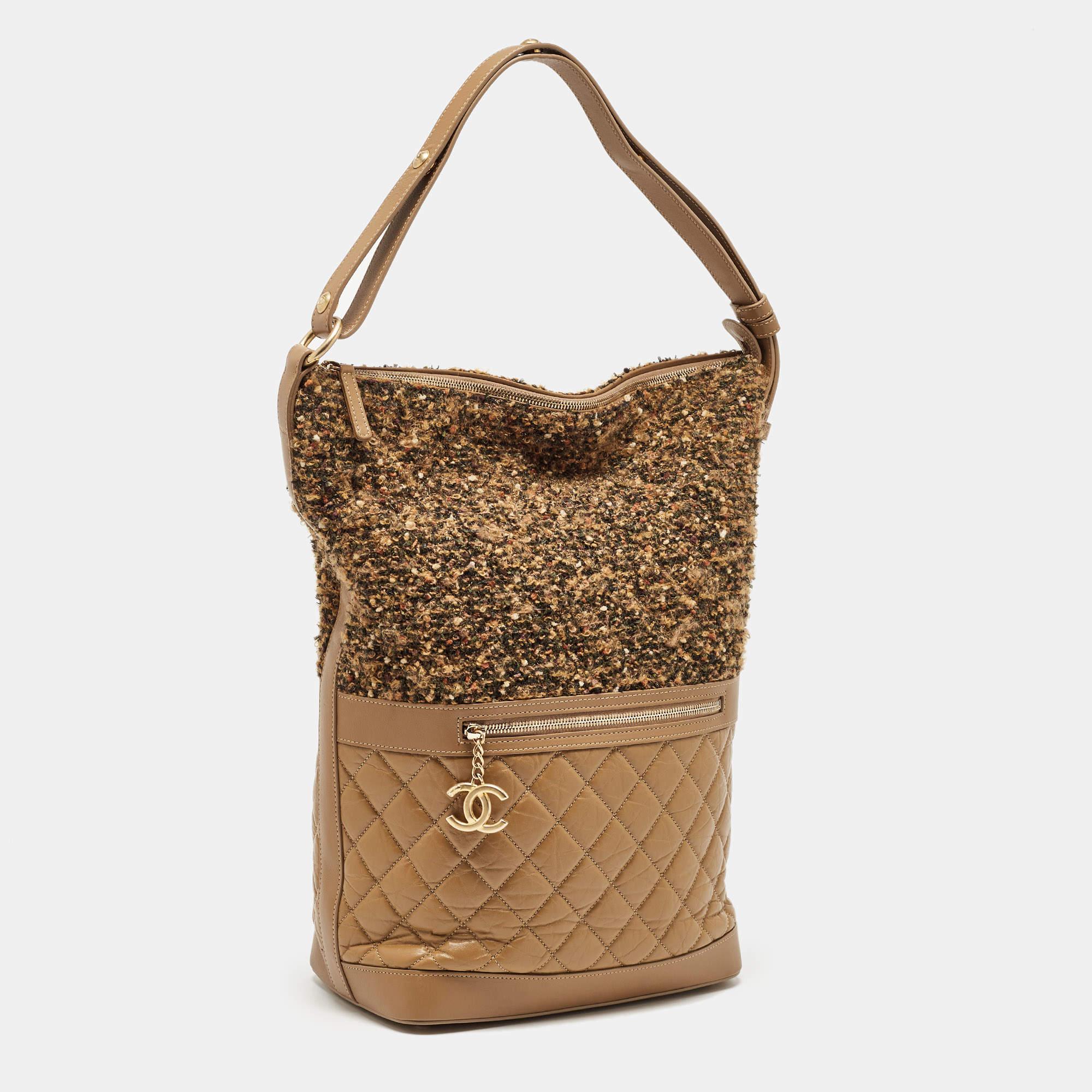 Women's Chanel Brown Quilted Aged Leather and Tweed Large Casual Hobo