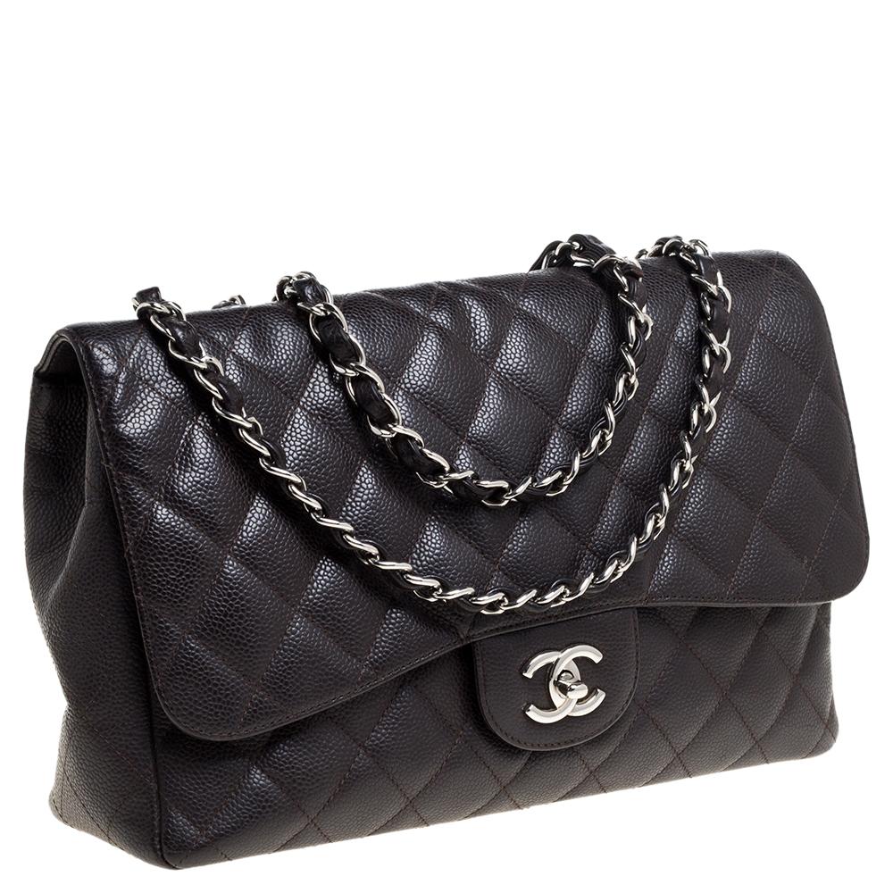 Chanel Brown Quilted Caviar Leather Jumbo Classic Single Flap Bag In Good Condition In Dubai, Al Qouz 2