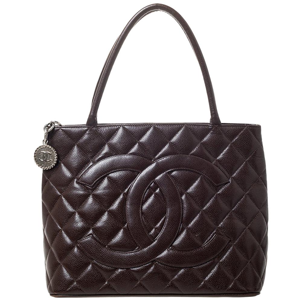 Chanel Brown Quilted Caviar Leather Medallion Tote