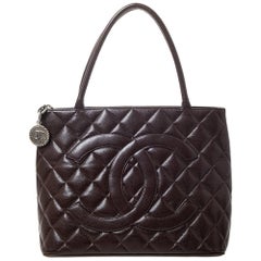 Retro Chanel Brown Quilted Caviar Leather Medallion Tote