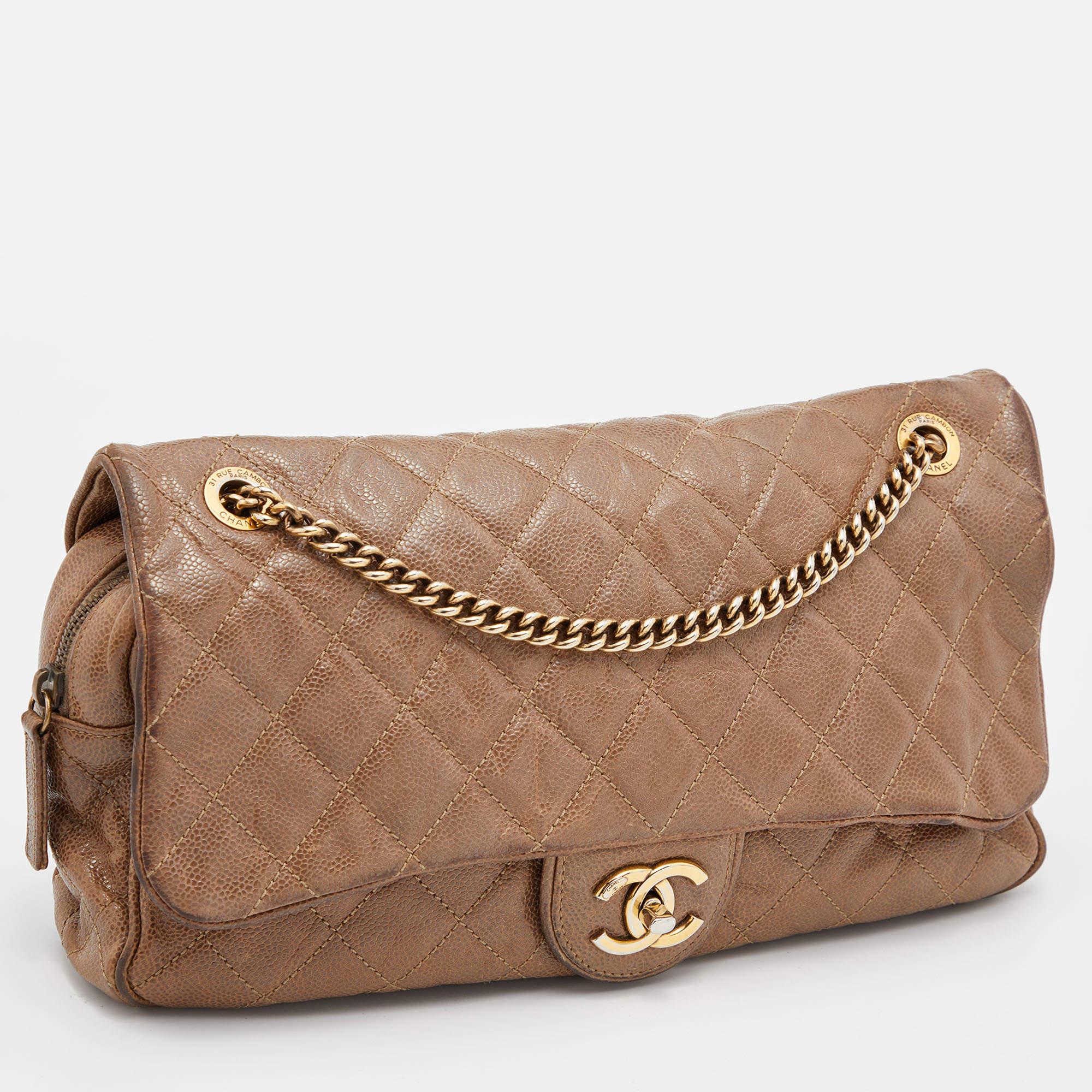 Women's Chanel Brown Quilted Crumpled Caviar Leather Large Shiva Flap Bag