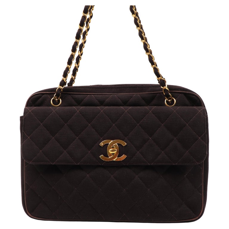 Chanel Brown Quilted Fabric Vintage Tote Bag For Sale at 1stDibs