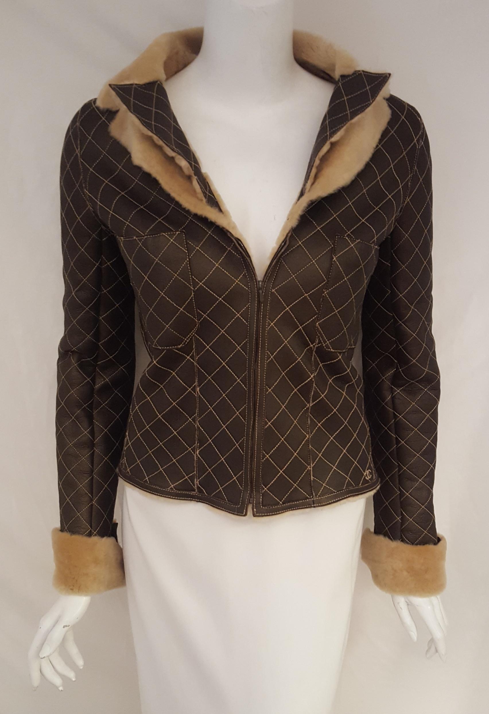 Black Chanel Brown Quilted Lambskin Shearling Jacket From Fall 2004 