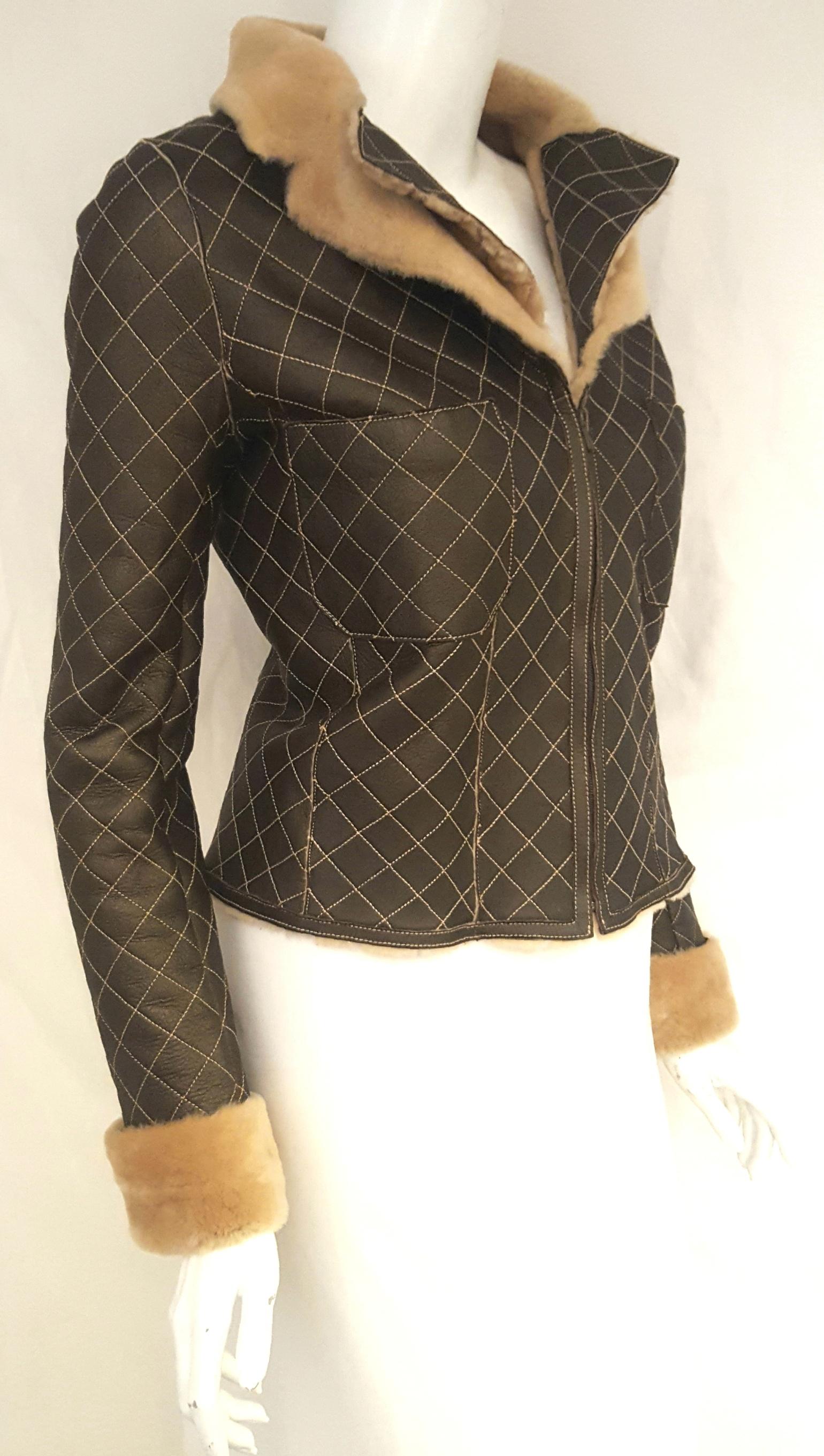 Chanel Brown Quilted Lambskin Shearling Jacket From Fall 2004  In Excellent Condition In Palm Beach, FL