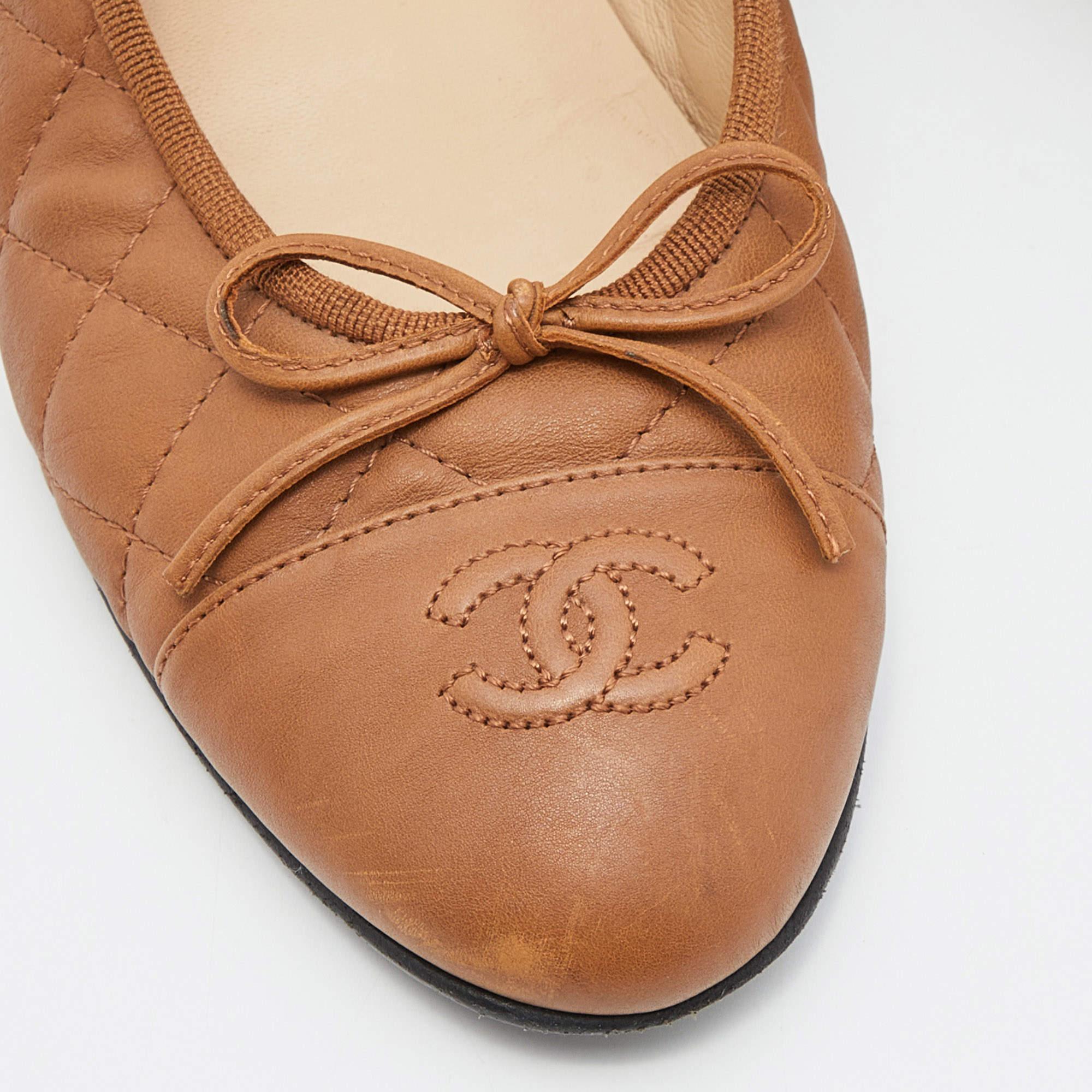 Chanel Brown Quilted Leather CC Bow Ballet Flats Size 39 2