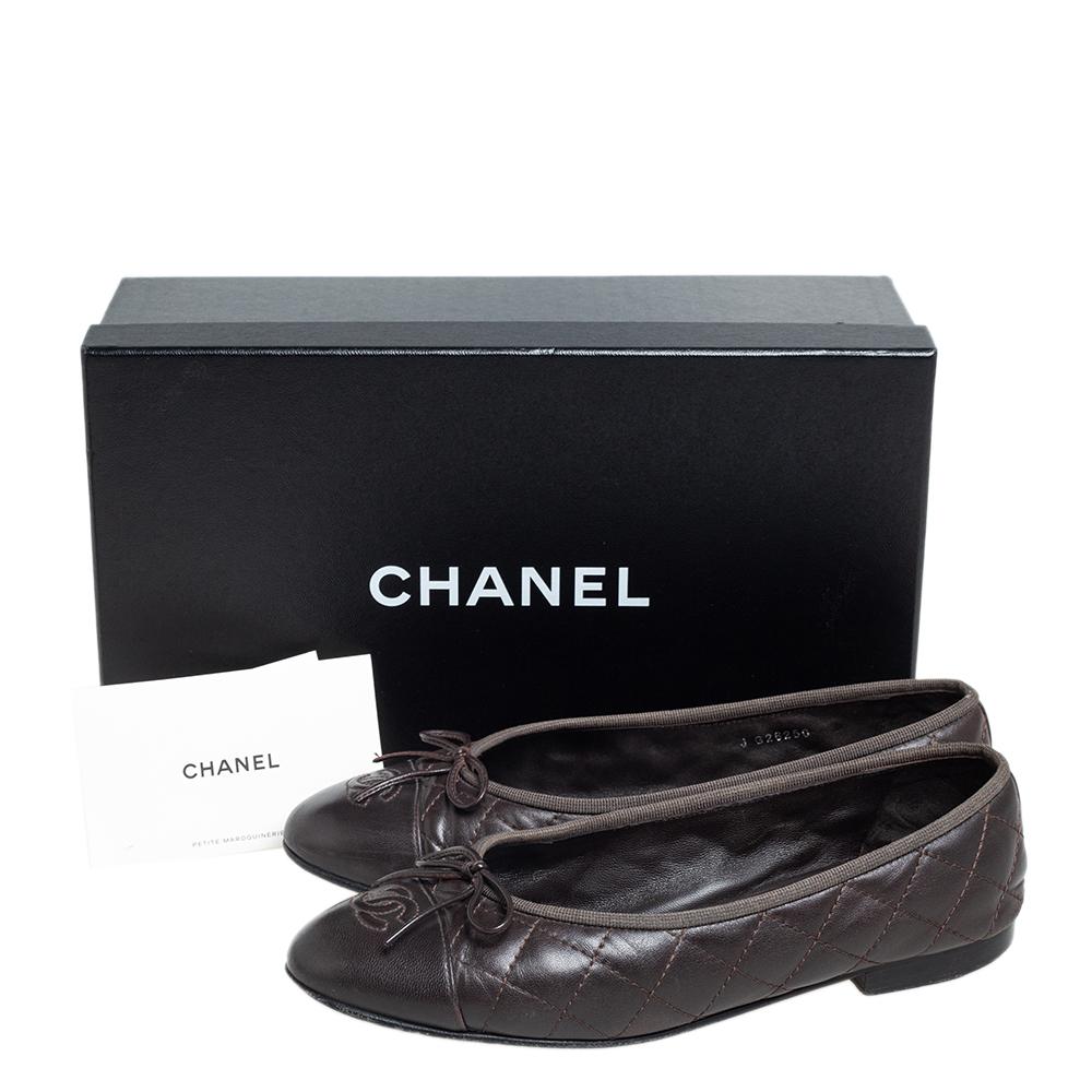 Chanel Brown Quilted Leather CC Bow Cap Toe Ballet Flats Size 37.5 1