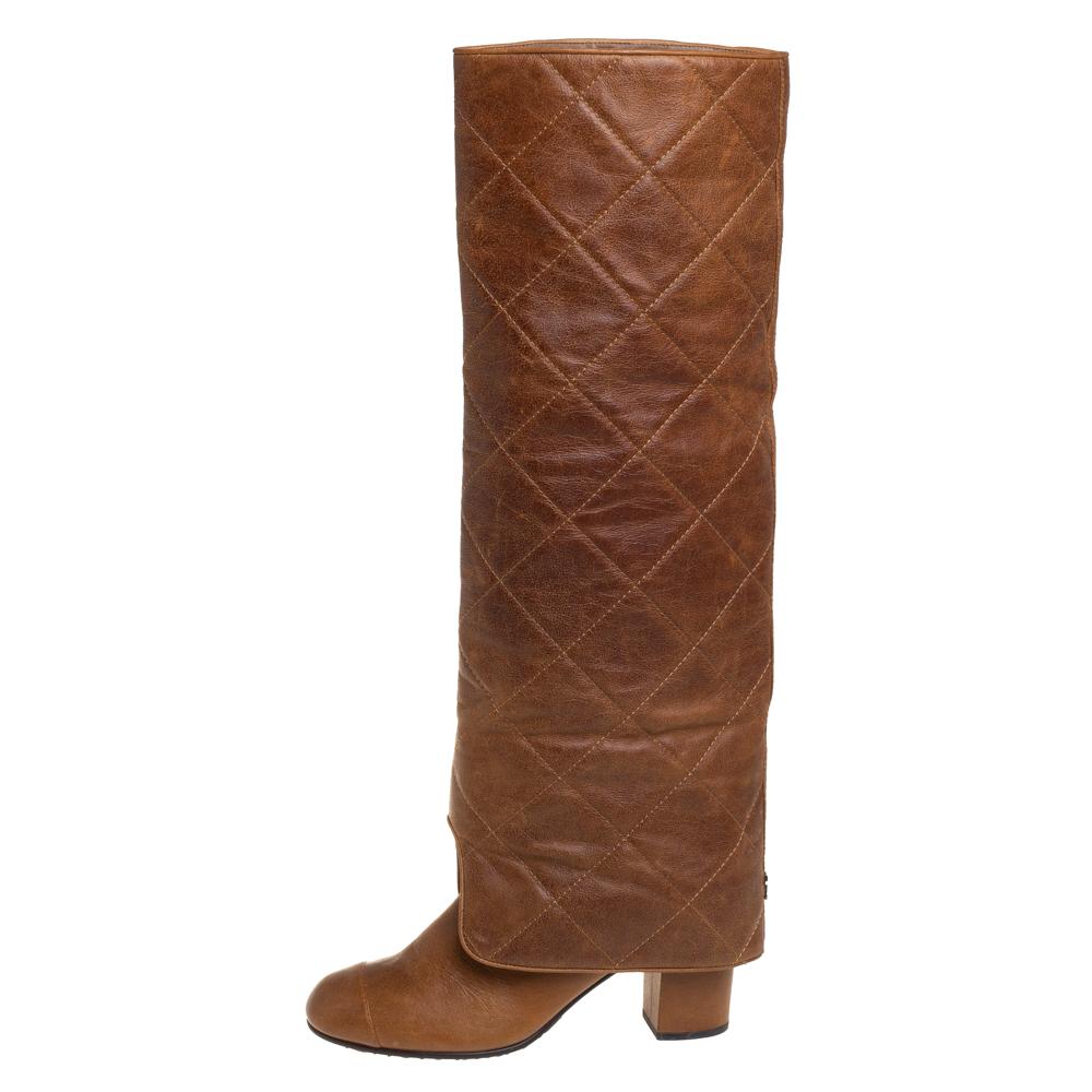Chanel Braun Gesteppte Leder Falten über Knie Stiefel Größe 38 1