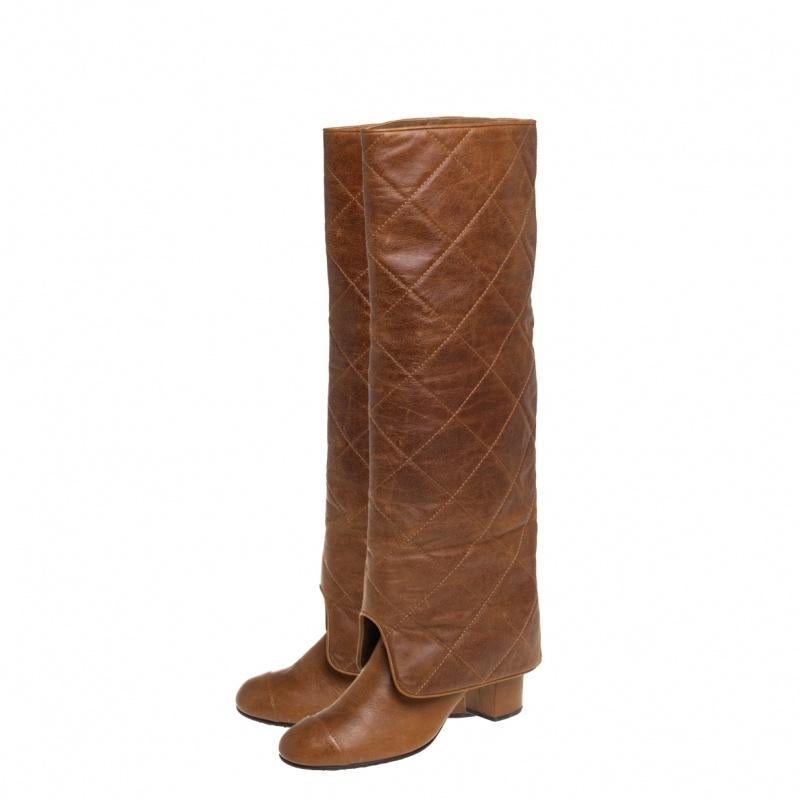 Chanel Brown Quilted Leather Fold Over Knee Legnth Boots Size 38 2