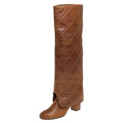 Chanel Brown Quilted Leather Fold Over Knee Legnth Boots Size 38