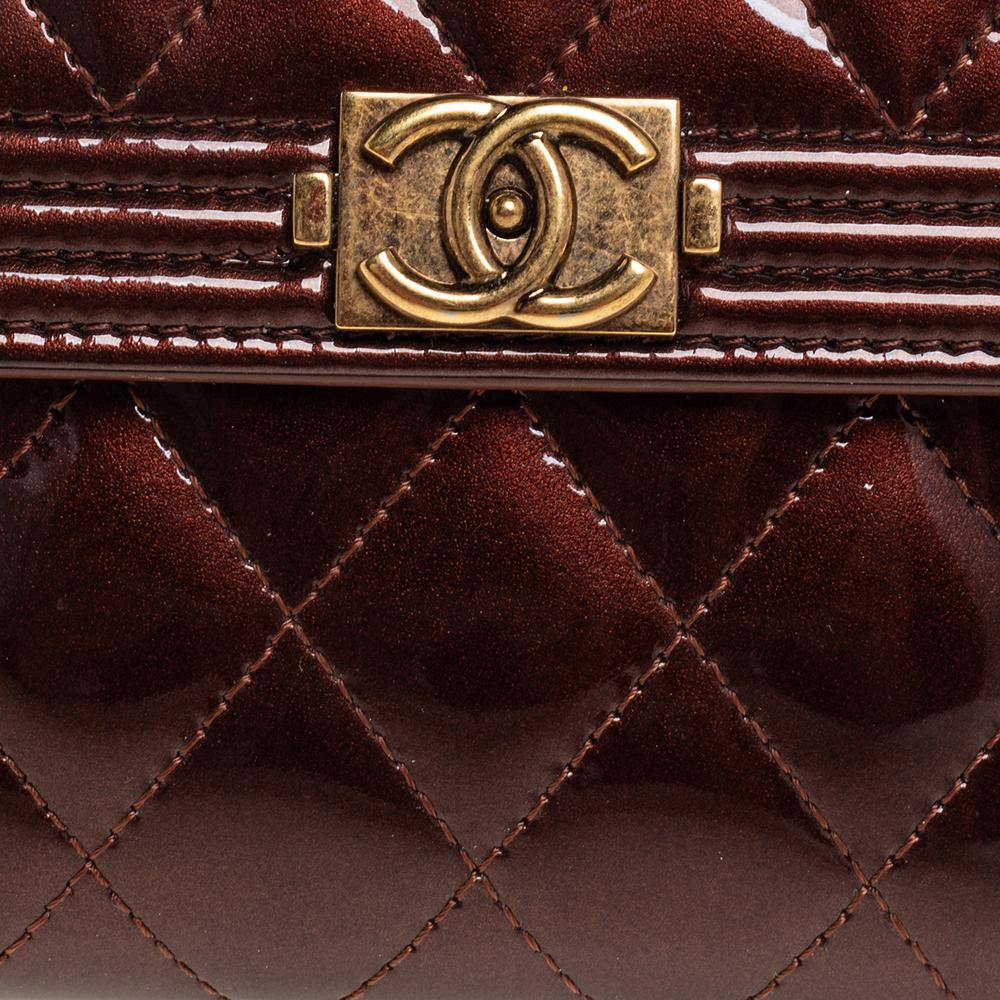 Chanel Brown Quilted Patent Leather Boy Wallet 2