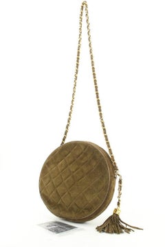 Chanel Brown Quilted Suede Fringe Tassle Round Clutch with Chain Bag