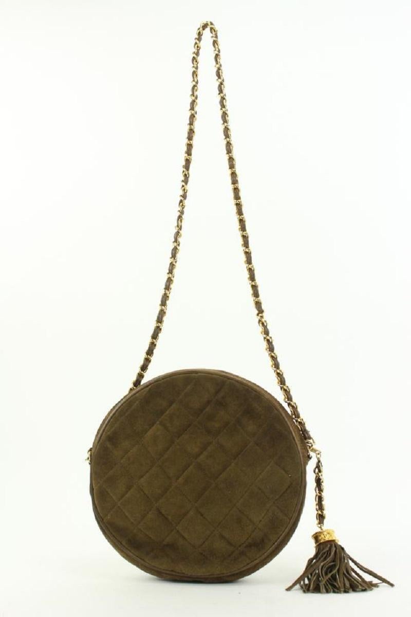 Chanel Brown Quilted Suede Fringe Tassle Round Clutch with Chain Bag For Sale 3