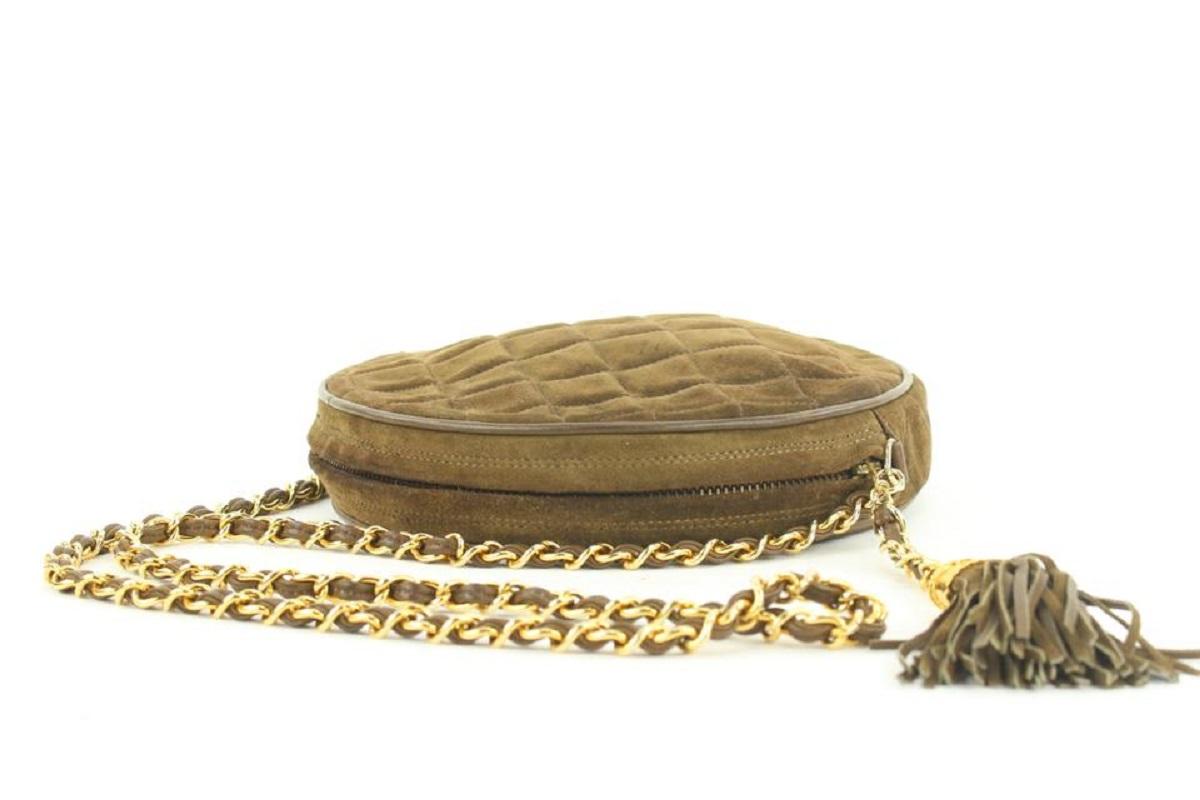 Chanel Brown Quilted Suede Fringe Tassle Round Clutch with Chain Bag For Sale 5
