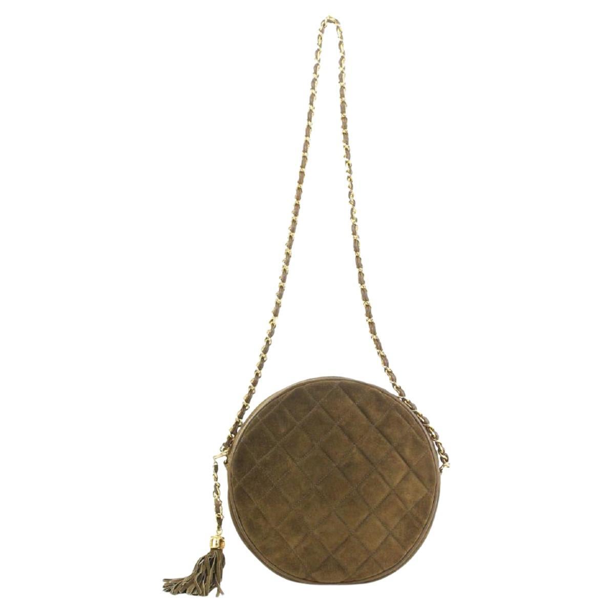Chanel Brown Quilted Suede Fringe Tassle Round Clutch with Chain Bag