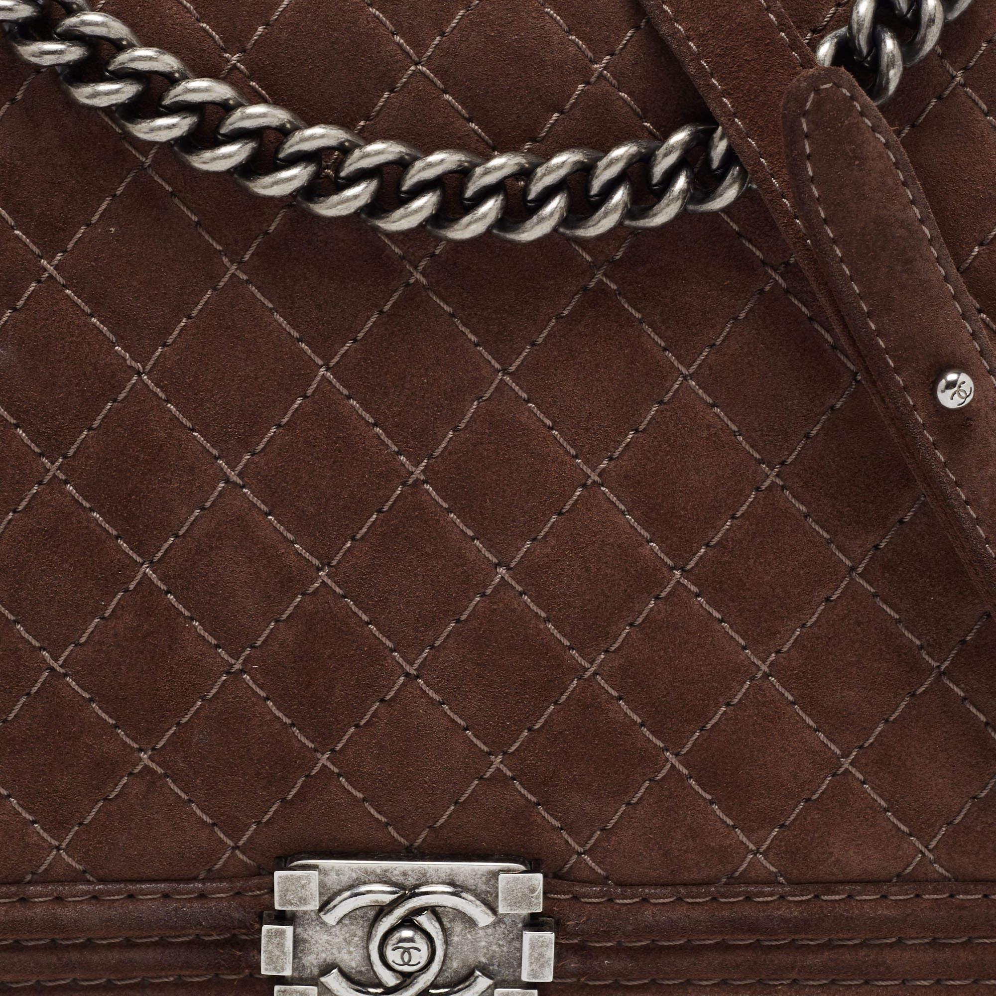 Chanel Brown Quilted Suede Large Boy Bag 9