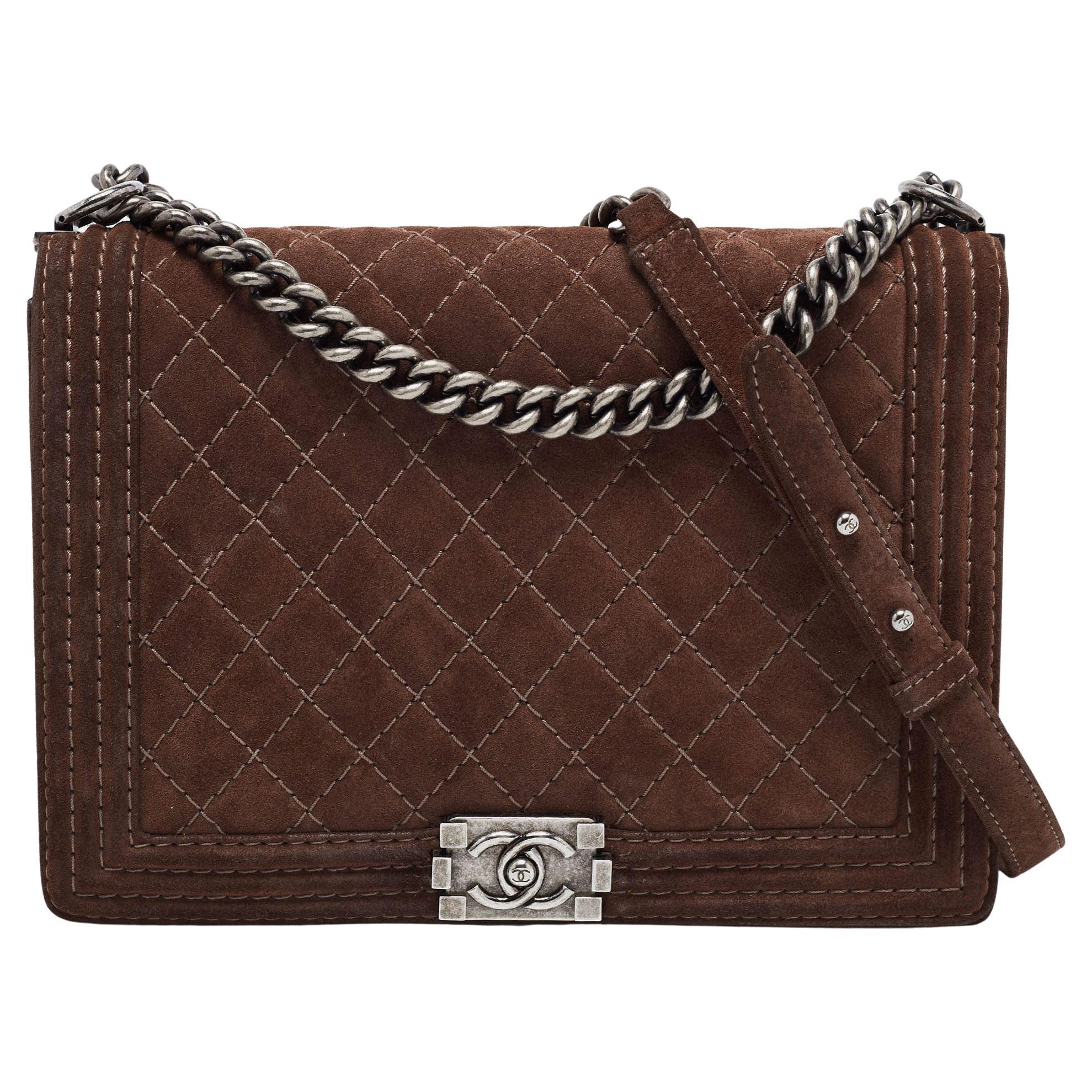 Chanel Brown Quilted Suede Large Boy Bag