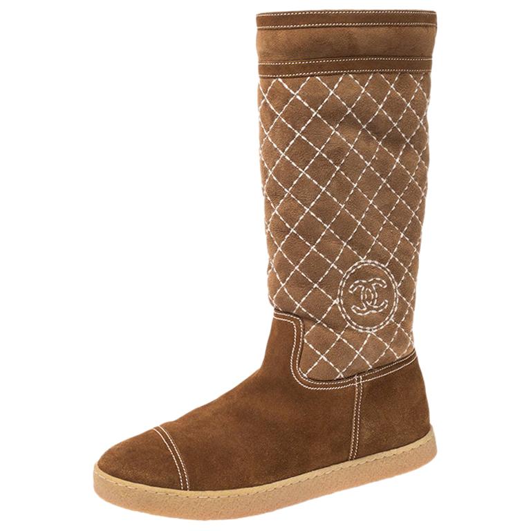 Chanel Brown Quilted Suede Mid Calf Boots Size 40.5