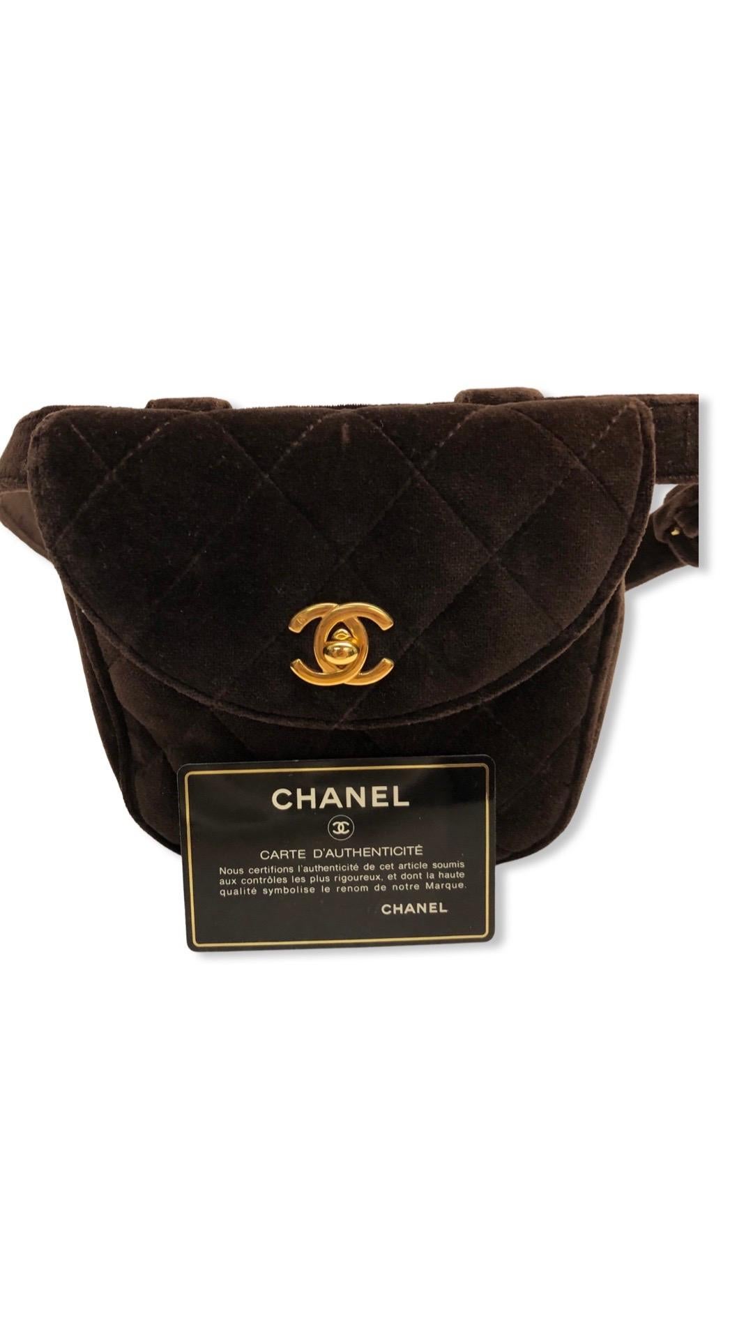 Chanel Brown Quilted Velvet Gold CC Turn-Lock Belt Bag For Sale 2