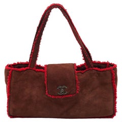 Chanel Brown/Red Suede and Wool CC Vintage Flap Bag