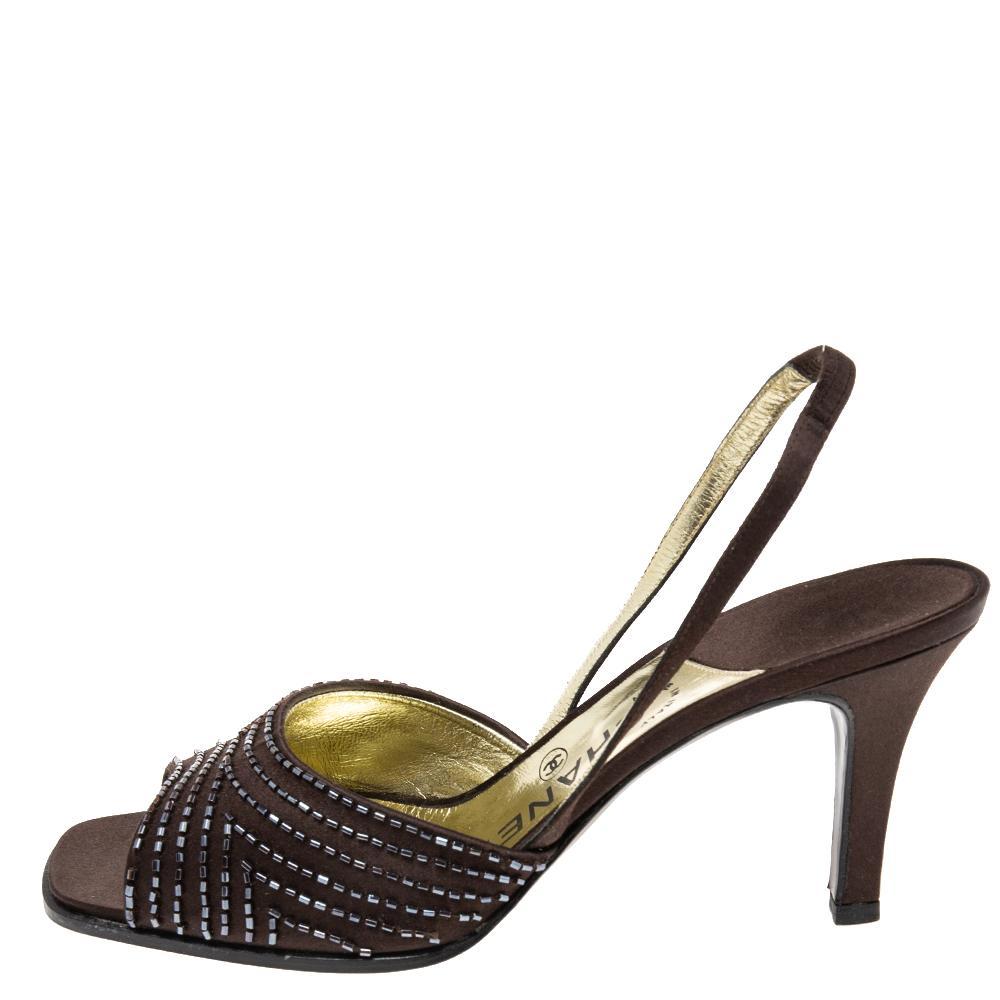 Black Chanel Brown Satin Slingback Sandals Size 38