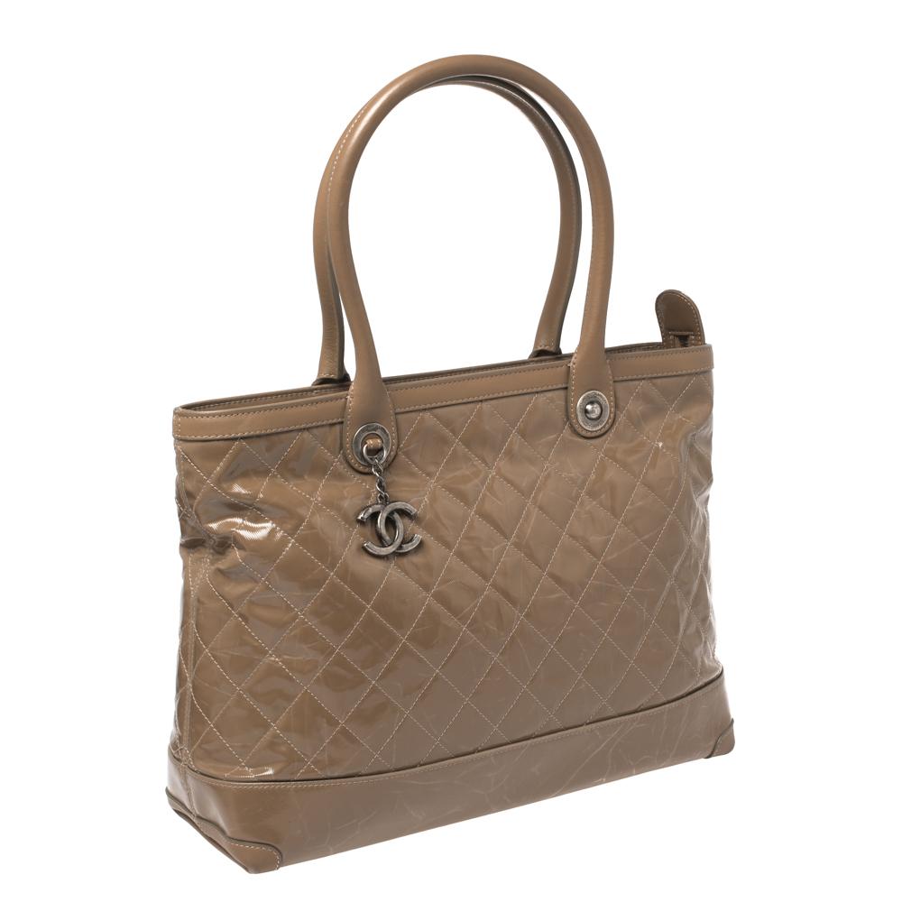 Women's Chanel Brown Striated Quilted Coated Canvas and Leather Rue Cambon Tote