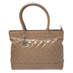 Chanel Brown Striated Quilted Coated Canvas and Leather Rue Cambon Tote