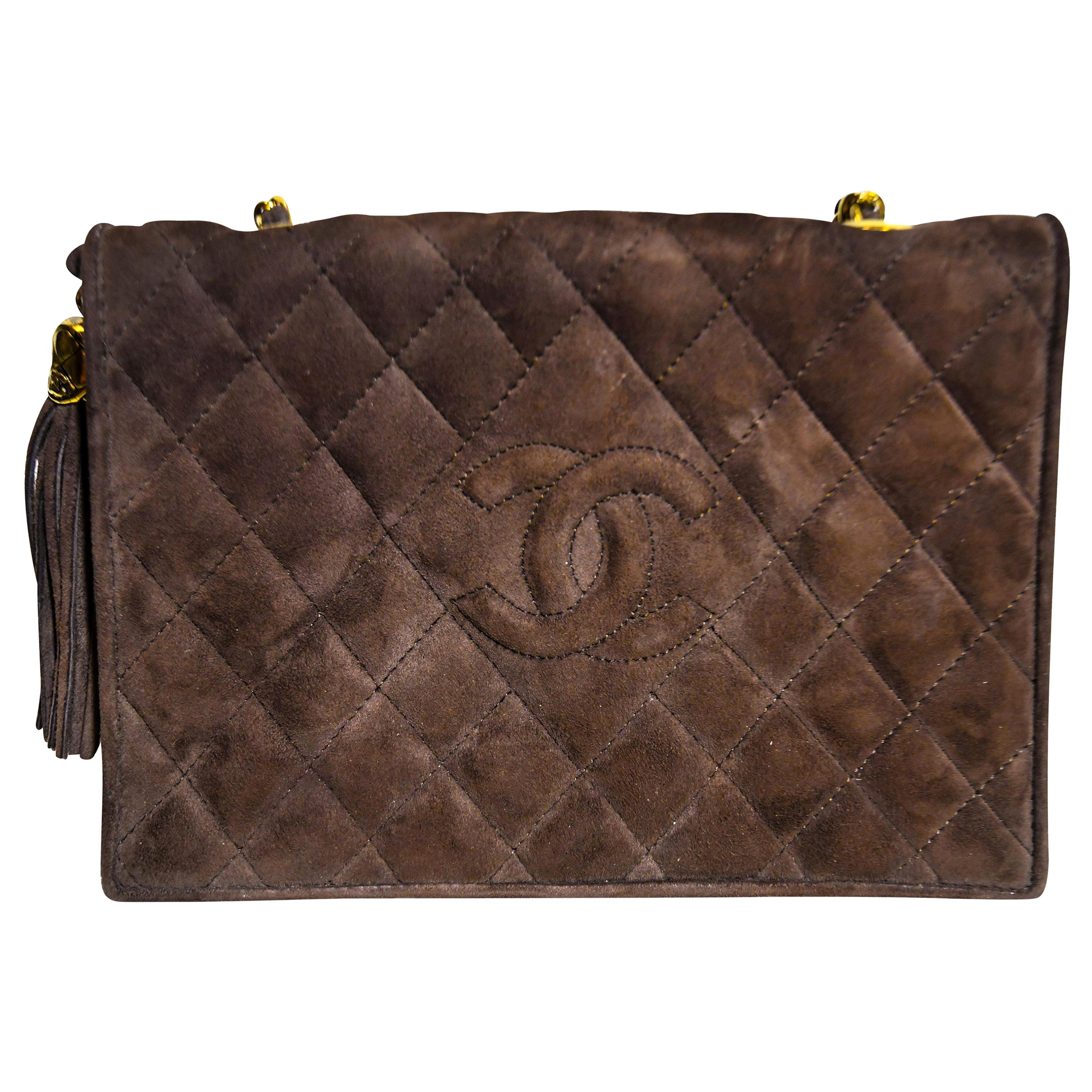 Chanel Brown Suede 1990's Side Fringe Tassel Flap Bag