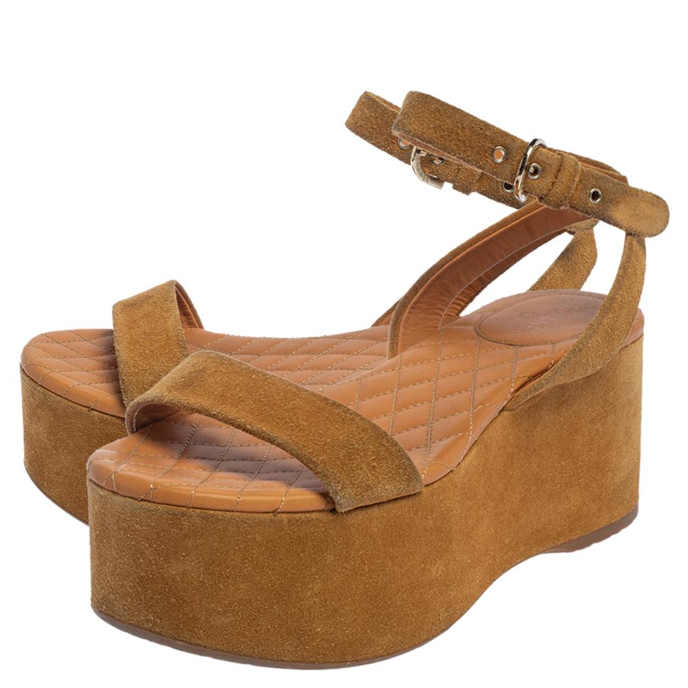Chanel Brown Suede Ankle Wrap Wedge Sandals Size 37 In Good Condition In Dubai, Al Qouz 2