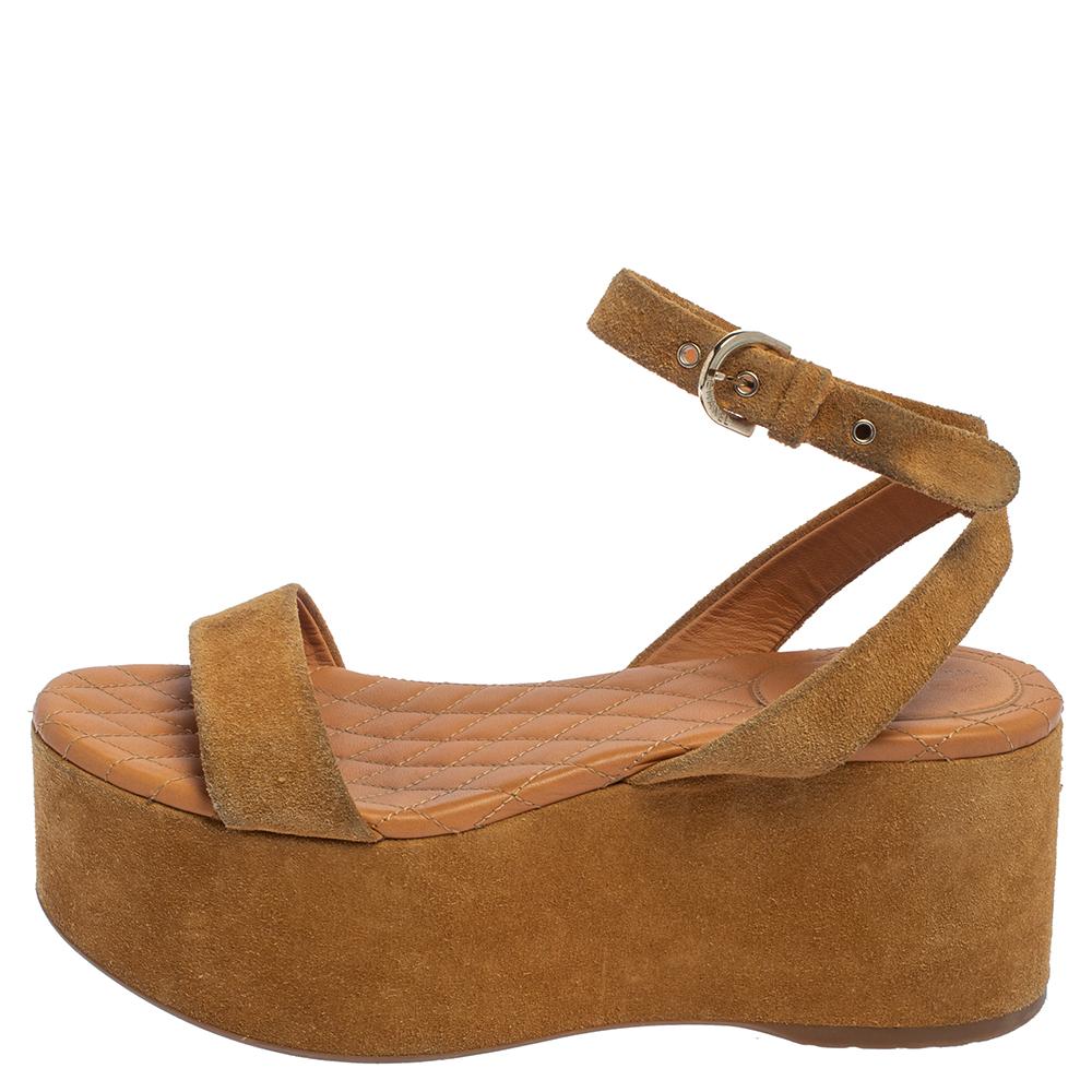 Chanel Brown Suede Ankle Wrap Wedge Sandals Size 37 1