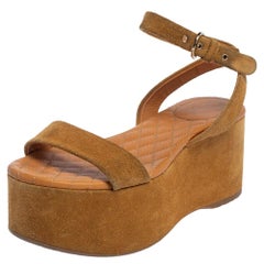Chanel Brown Suede Ankle Wrap Wedge Sandals Size 37