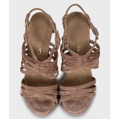 Chanel Brown Suede Block Heel Sandals Sz 36.5