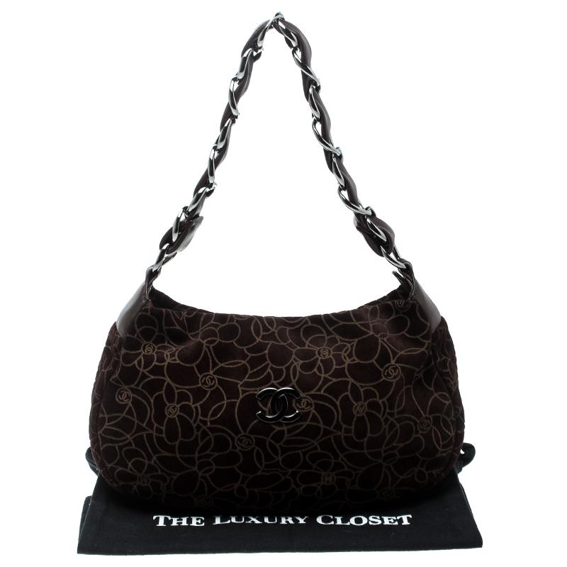 Chanel Brown Suede Camellia Embossed Hobo 7