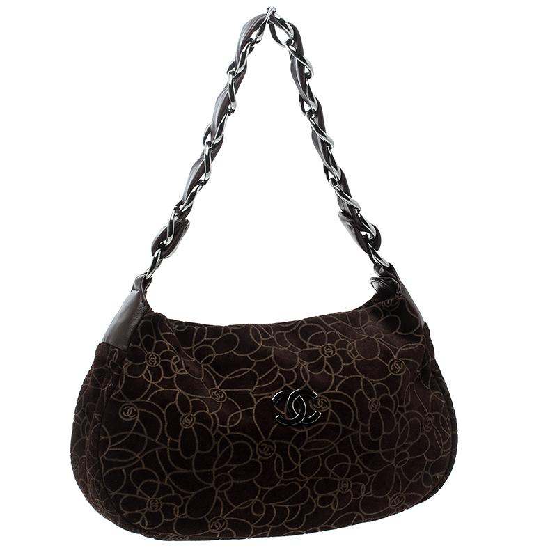 Chanel Brown Suede Camellia Embossed Hobo In Excellent Condition In Dubai, Al Qouz 2