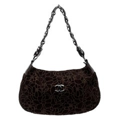 Chanel Brown Suede Camellia Embossed Hobo