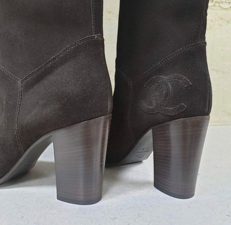 Chanel Brown Suede CC Logo Boots For Sale 1