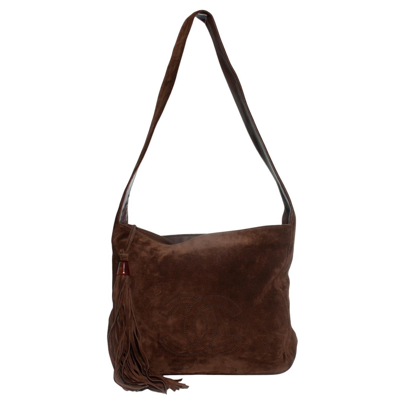 Chanel, Brown suede CC logo tote bag with tassel For Sale
