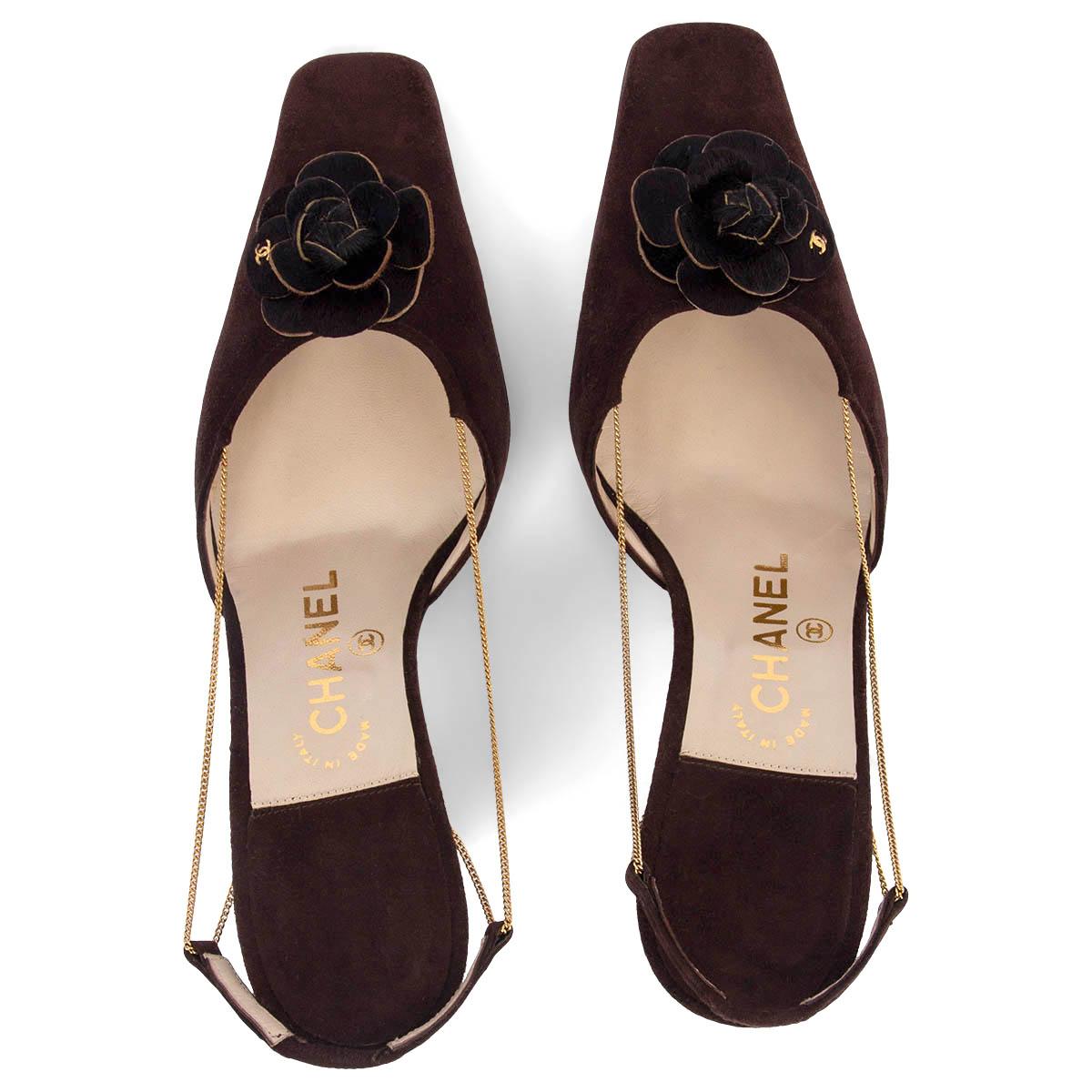  CHANEL daim marron CHAIN SLINGBACK CAMELLIA Chaussures 38.5 Pour femmes 