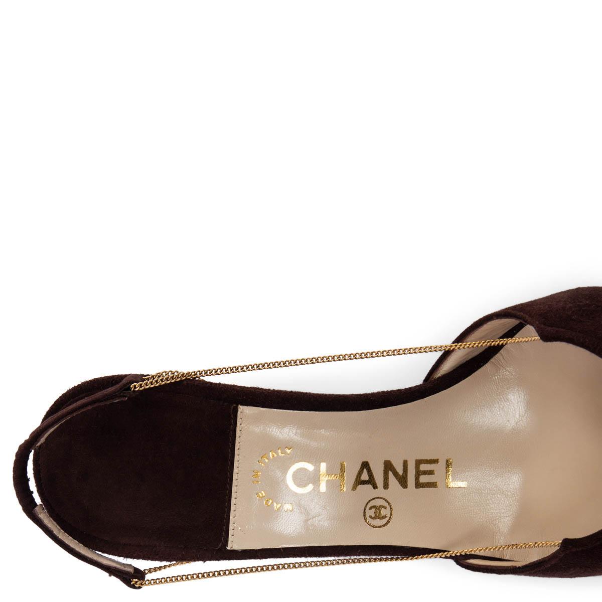 CHANEL daim marron CHAIN SLINGBACK CAMELLIA Chaussures 38.5 1