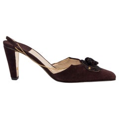 Vintage CHANEL brown suede CHAIN SLINGBACK CAMELLIA Pumps Shoes 38.5