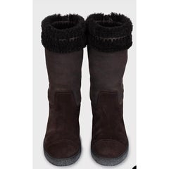 Chanel Brown Suede Fur Lined Boots EU 37 Round Toe CC Logo Detail