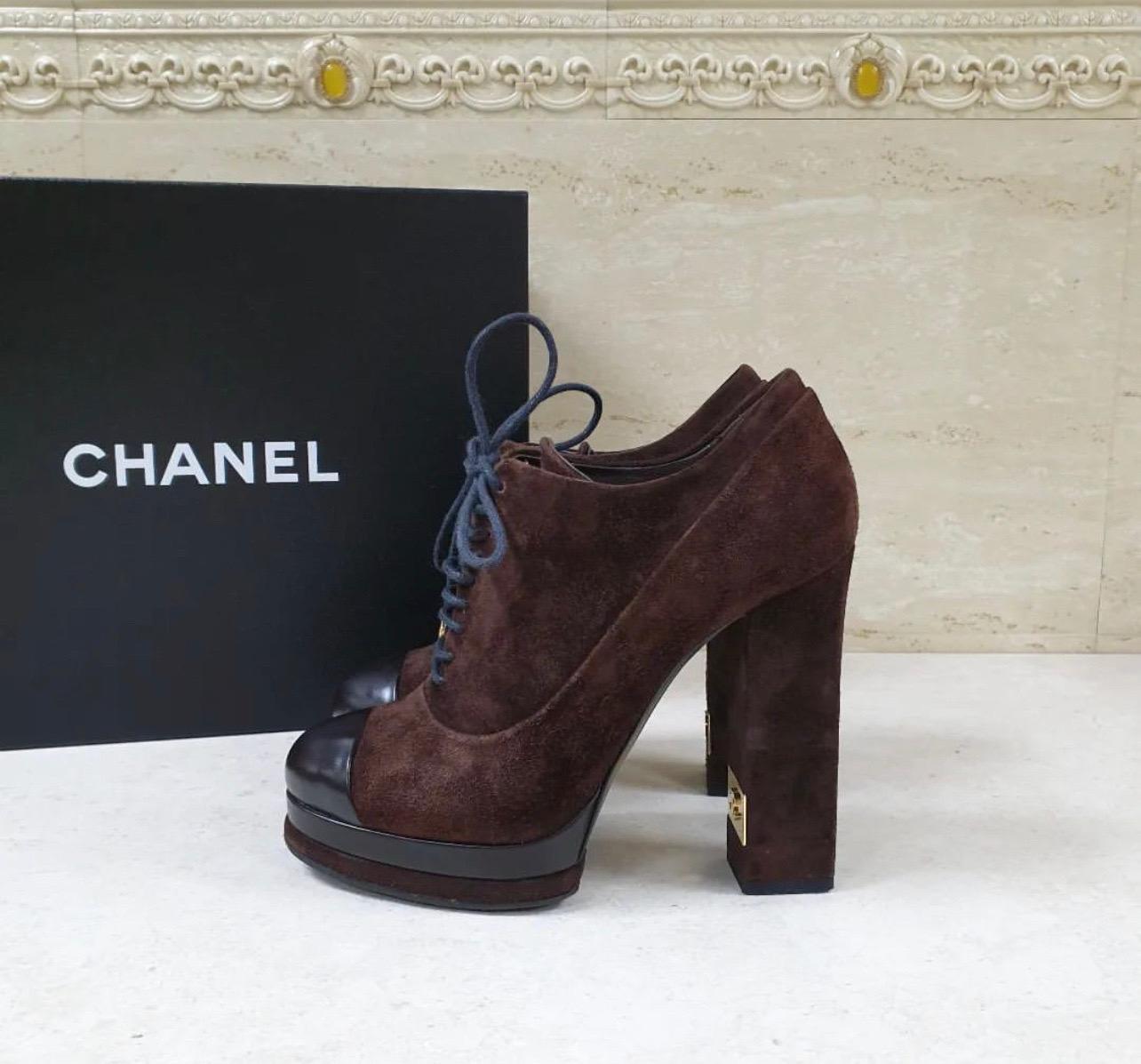 Women's Chanel Brown Suede  Leather Lace Up Heeled Booties  For Sale