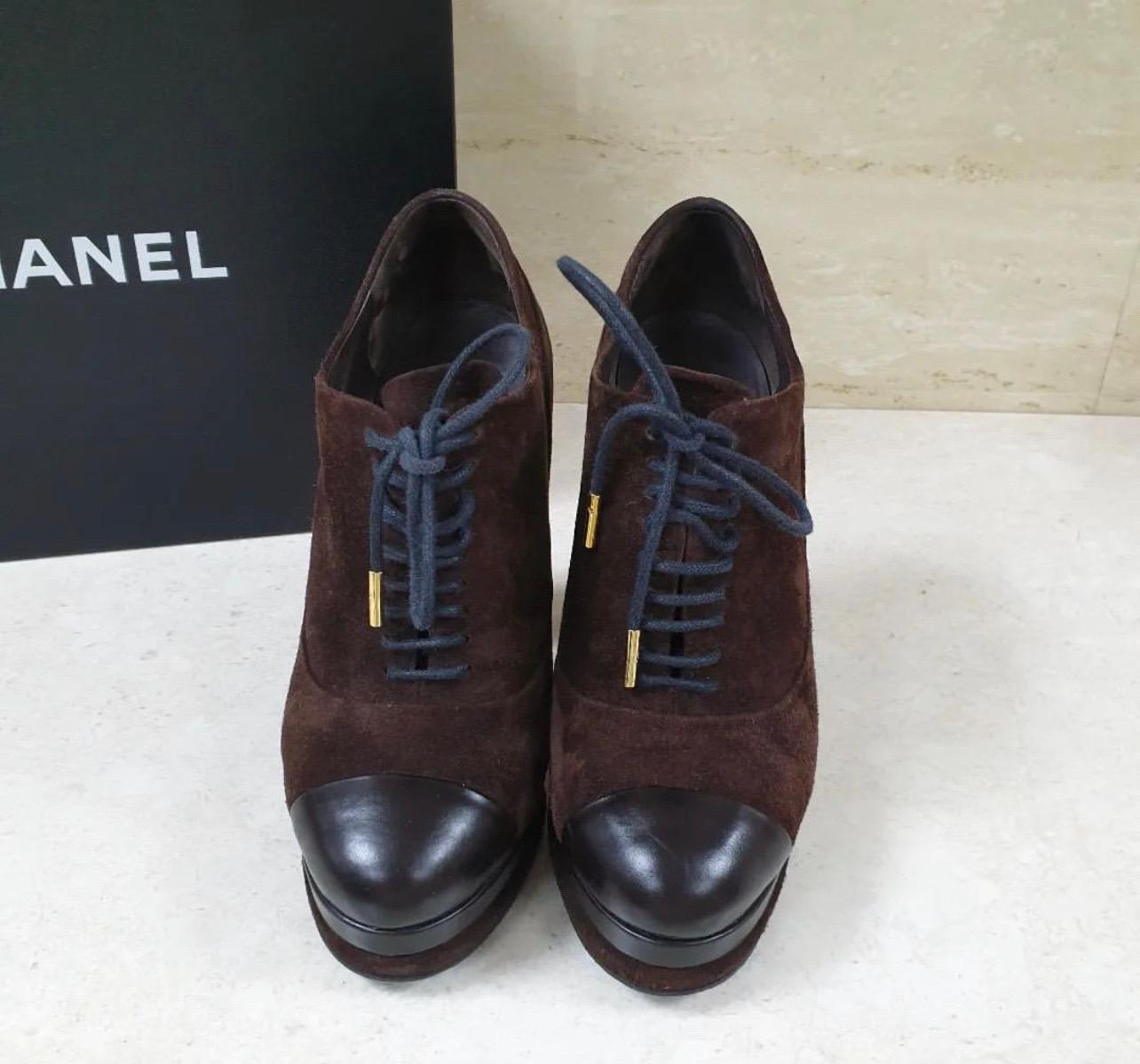 Chanel Brown Suede  Leather Lace Up Heeled Booties  For Sale 1