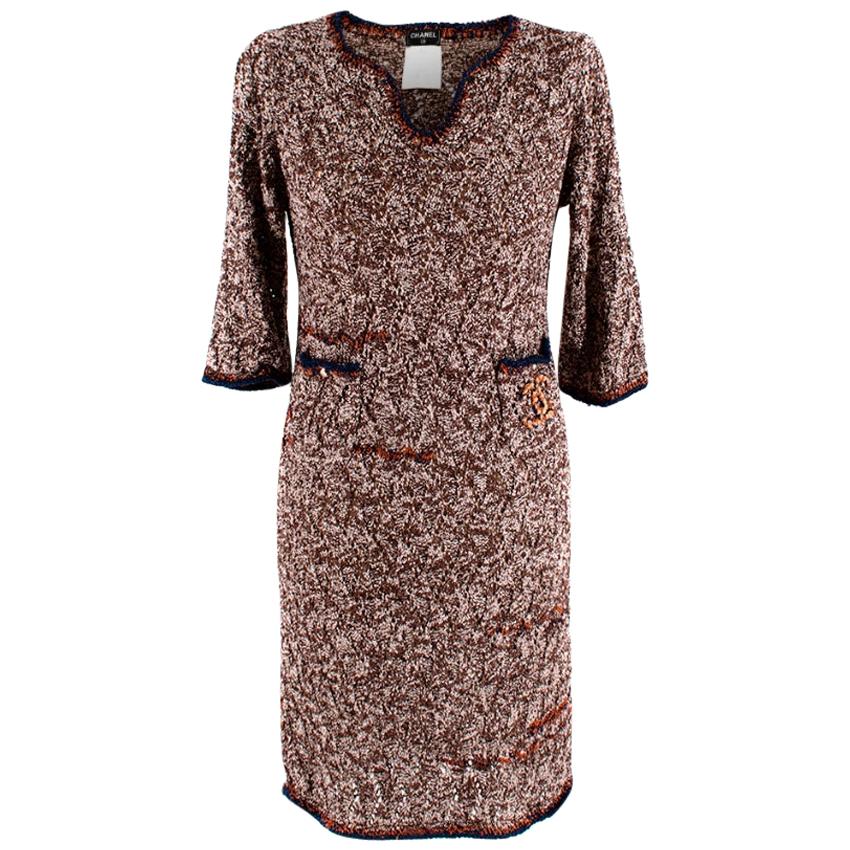 Chanel Brown Tweed Boucle Knit Lightweight Dress - Size US 0-2 For Sale