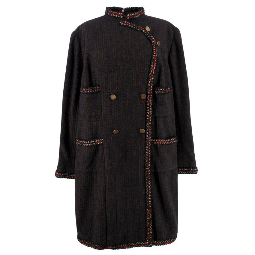 Chanel Tweed Wool Military Dress

- Brown tweed with red, black and gold woven trimming round the neckline, cuffs, hems, pockets and buttons
- Double breasted with antique gold-tone 'CC' embossed buttons
- 4 antique gold-tone 'CC' embossed buttons