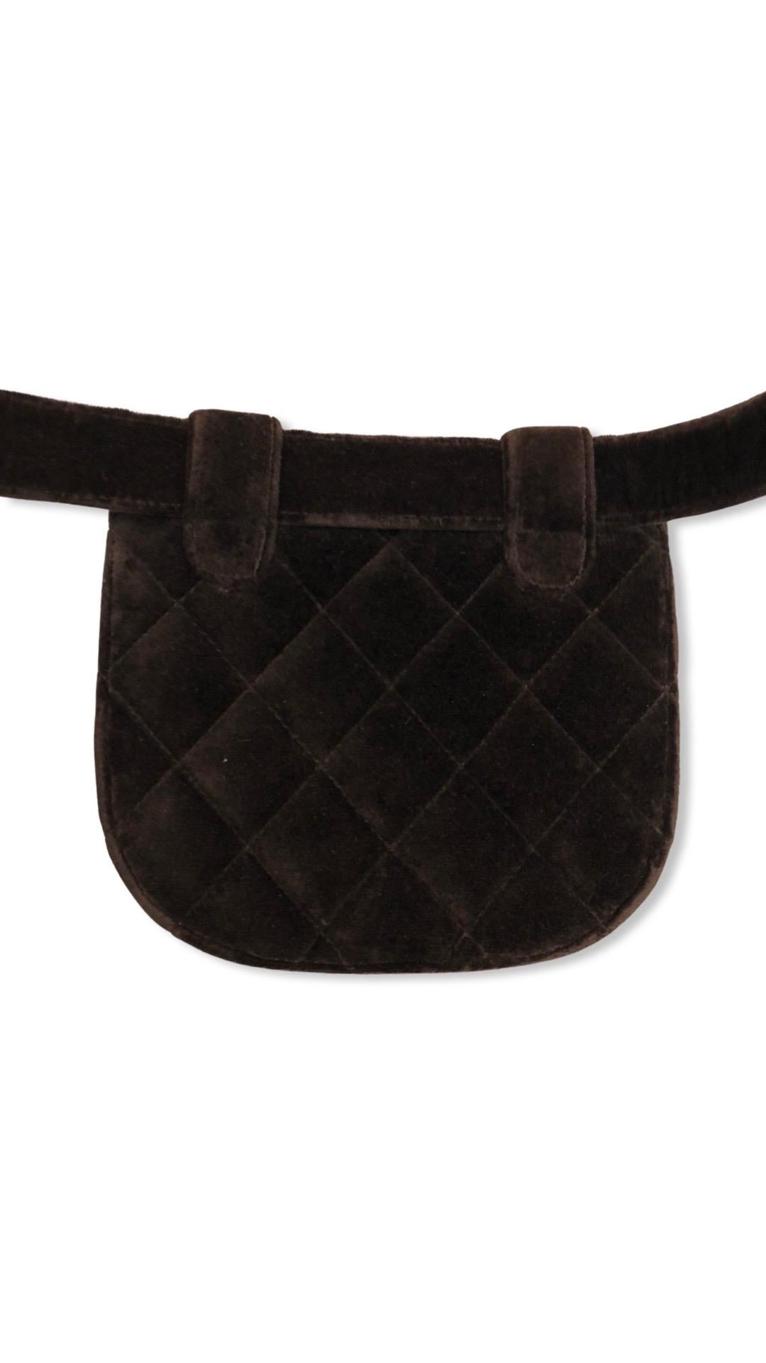 Chanel Brown Velvet Quilted CC Flap Belt Bag For Sale 3