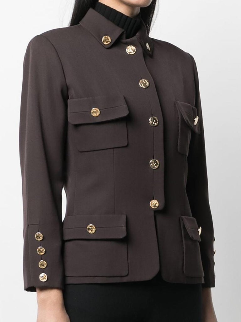 Chanel Brown Wool Military Jacket and Elephant Buttons For Sale at 1stDibs