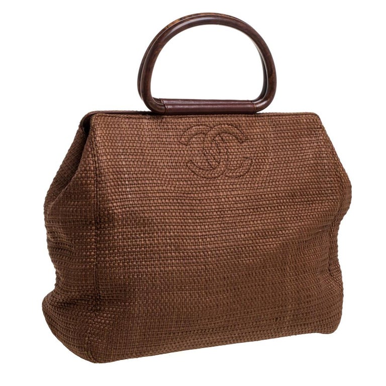 Chanel Brown Woven Raffia Vintage Wooden Handle Tote at 1stDibs