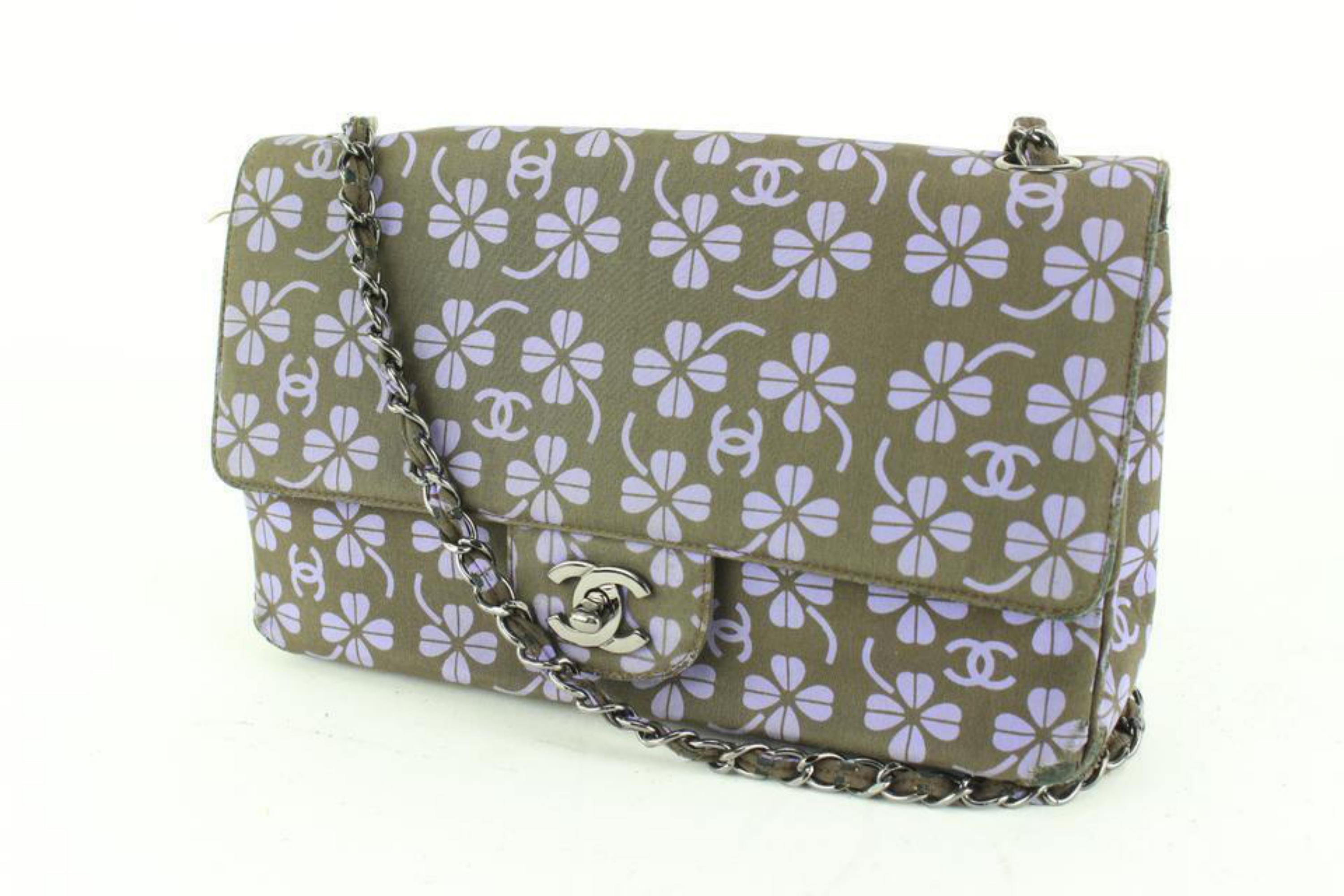 Chanel Brown x Purple Satin Canvas Clover CC Medium Classic Flap 33c26a For Sale 7