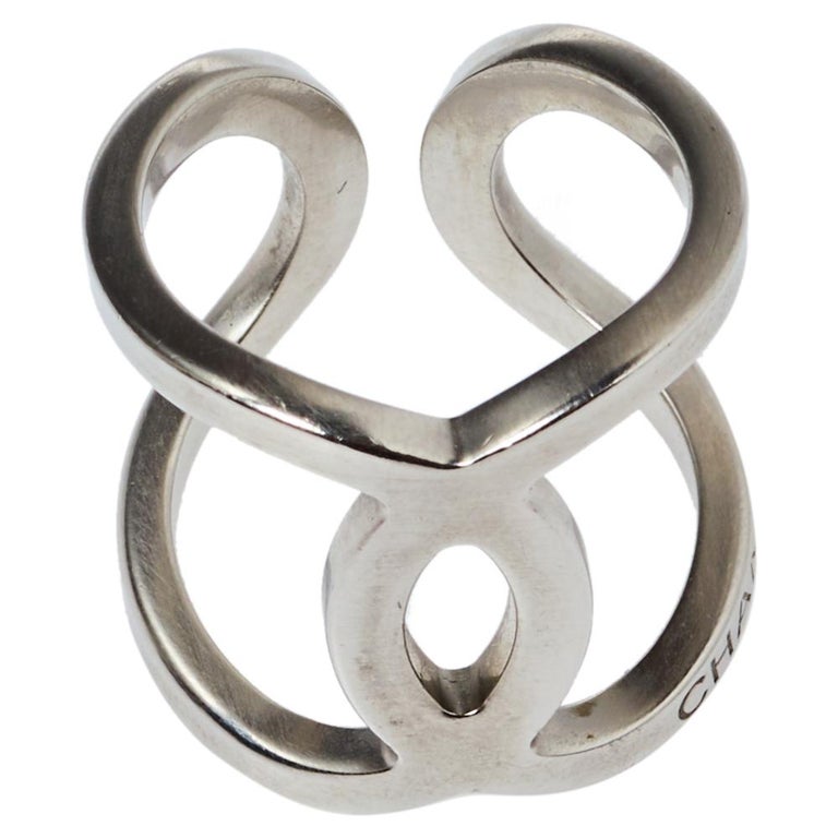 Chanel Brushed Silver Tone CC Open Cuff Ring Size EU 53 at 1stDibs