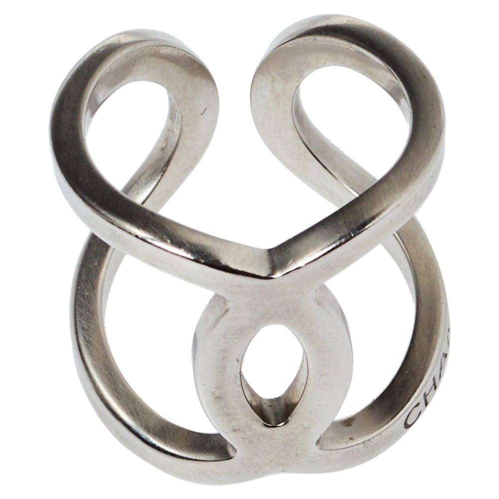 Chanel Brushed Silver Tone CC Open Cuff Ring Size EU 53